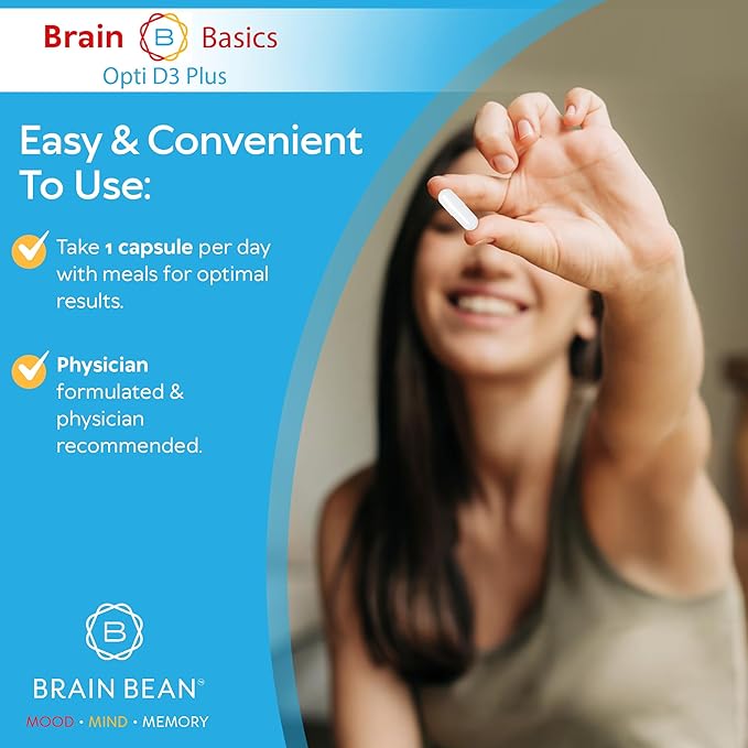 Brain Basic Opti D3 Plus - Vitamin D3 5000 IU with K1, K2, and Magnesium - Brain Support Supplement for Mood, Mind, Memory - Bone, Muscle, and Immune Health - Gluten Free, Soy Free, and Dairy Free