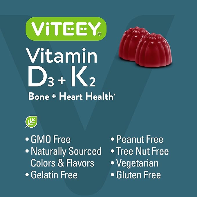 VITEEY Vitamin D3 K2 Gummies - 1000 IU Vitamin D3 and K2 100mcg - Bone & Heart Health for Adults and Teens - Vegetarian, Gelatin Free, GMO Free - Tasty Chewable D3K2 Vitamins Strawberry Flavored Gummy
