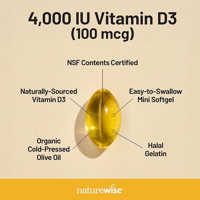 NatureWise Vitamin D3 4000iu (100 mcg) 30-Day Supply for Immune Support, Healthy Muscle Function, and Bone Health - Non-GMO, Gluten Free in Organic Extra Virgin Olive Oil, (Mini Softgel), 30 Count