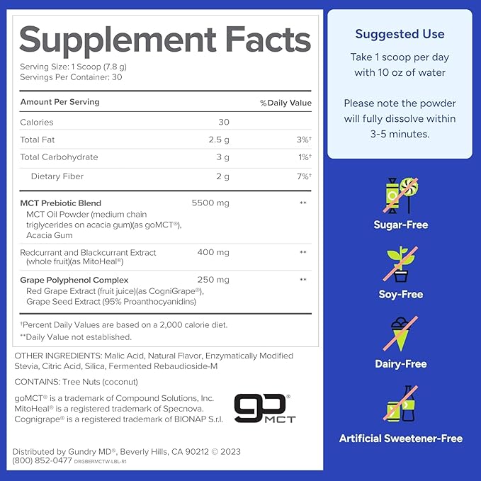 Gundry MD MCT Wellness Powder to Support Energy, Ketone Production and Brain Health, Keto Friendly, Sugar Free (90 Day Supply, Blueberry Lemonade)