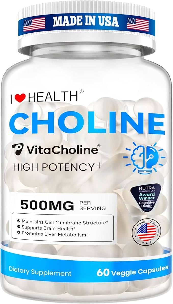 Award Winner -Clinically Dosed 500mg VitaCholine ® - 60 Caps - Liquid Choline Supplement –Support Pregnancy & Baby Brain & Liver Health LDL & HDL Level - Cognitive Health - Made in USA
