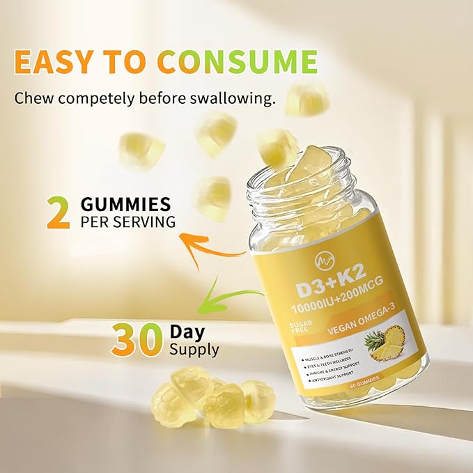 Vitamin D3 K2 Gummies, Vitamin D3 10000IU, K2 (MK-7) 200mcg, 6-in-1 Vitamina D3 Con K2 Supplement with Omega-3, Magnesium, Calcium and Zinc for Bones, Teeth & Immune Support, Sugar Free, 1 Pack