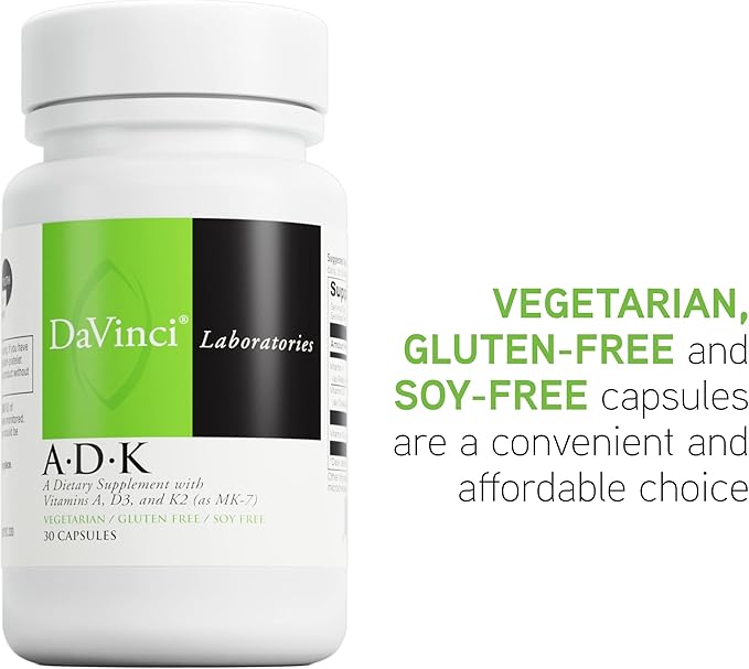 DAVINCI Labs ADK - Helps Support Bone, Heart & Immune Health - Dietary Supplement with Vitamins A, D3 & K2 (as MK-7) - Vegetarian, Gluten Free & Soy Free - 30 Capsules