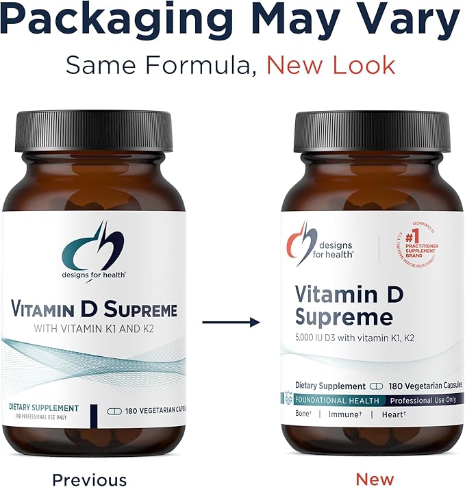 Designs for Health Vitamin D Supreme - Vitamin D 5000 IU with 2000mcg Vitamin K as MK4 for Bone Health, Heart Health & Immune Support - Vitamin D3 Enhanced with GG Supplement (180 Capsules)
