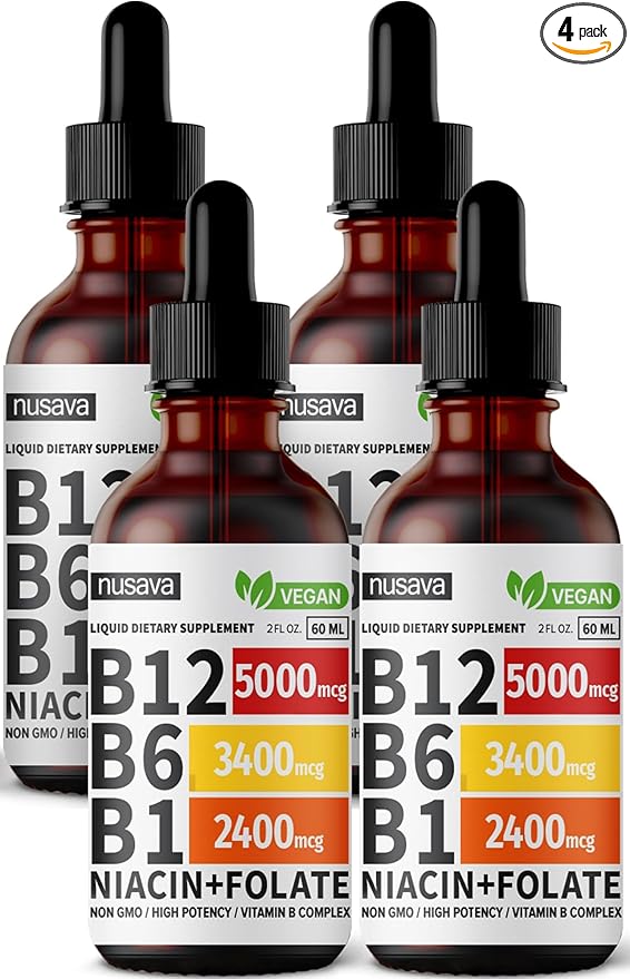 (4 Pack) Vitamin B12 and B6 Liquid Drops, B12 Sublingual Vitamin B Complex - B 12 Vitamin 5000mcg - B12 Methylcobalamin for Energy, Brain, and Heart Support with 27,200 mcg, Raspberry, 80 Servings