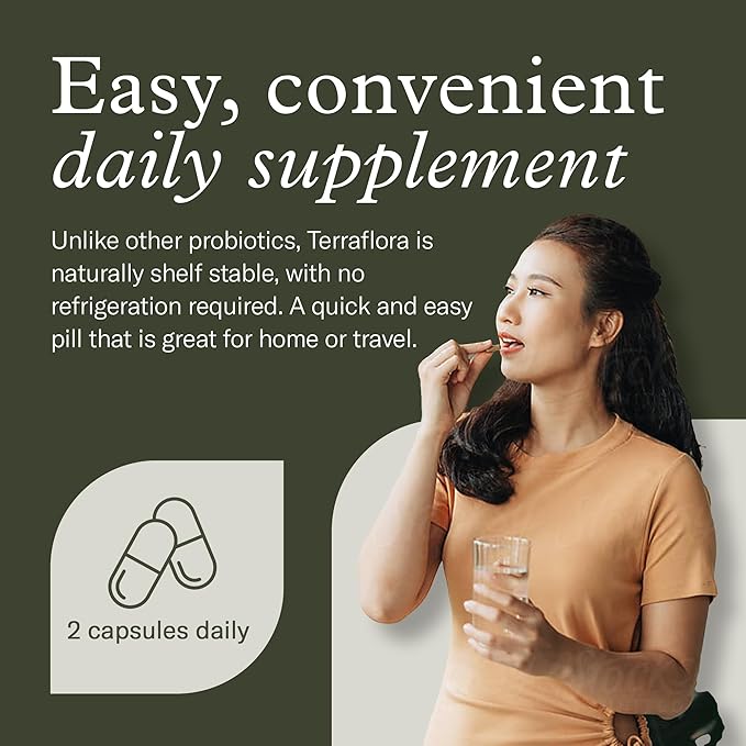 Terraflora Daily Care synbiotic of probiotics and prebiotics for Women and Men 60 ct, Soil Based, Shelf Stable, allergen Friendly Spore Based Supplement Capsules Promote Gut Health by Enviromedica