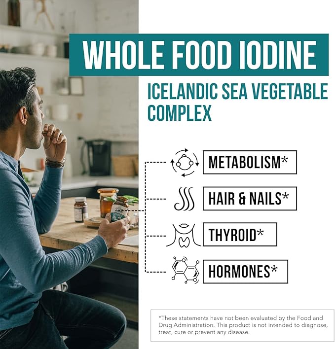 Organic Iodine Supplement – 1,500 mcg Iodine, Max Strength - from Sea Vegetable Complex, Whole Food & Raw Form – Contains Purest Icelandic Sea Kelp, Irish Moss & Bladderwrack (1500 mcg)