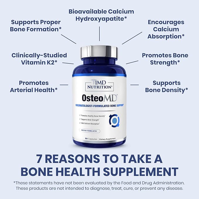 1MD Nutrition OsteoMD for Comprehensive Bone Support | with Calcium Hydroxyapatite, Vitamin D3 & K2 | 180 Capsules (2-Pack)