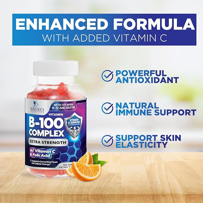 B Complex Gummies with Vitamin C & Folic Acid, Extra Strength Super Vitamin B Gummies Supplement with Niacin, B6, Folic Acid, B12, Biotin, Nature's Energy Immune Support Supplements - 120 Gummies