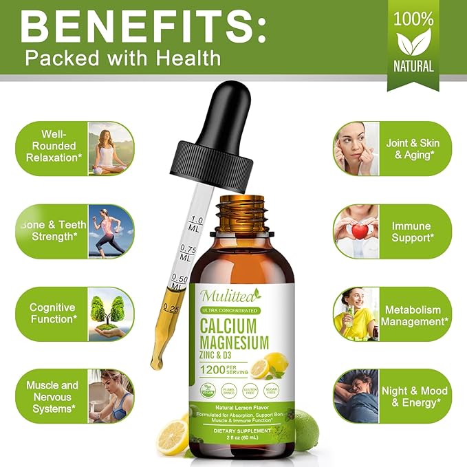 Calcium Magnesium Zinc Liquid with Vitamin D3, Magnesium Glycinate Plus Vitamin C K2| High Absorption Plant Calcium Supplement for Heart & Bone| Gluten Free,Sugar-Free | 30 Servings | Lemon Flavor