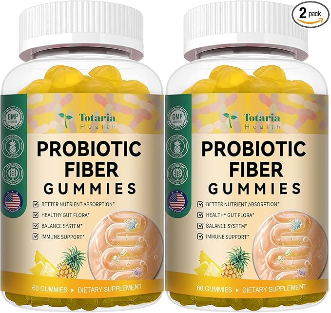 Probiotic Fiber Gummies, Pineapple Flavor, 60 Gummies per Bottle, 2 Bottles