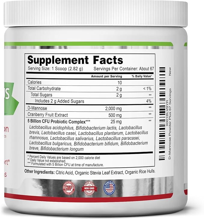 Zazzee D-Mannose Powder Plus, 2000 mg, 67 Servings, Potent & Fast-Acting, Plus 5 Billion CFU Probiotics and Pure Cranberry Juice Extract, Free Scoop, 6.5 Oz, Vegan, Gluten-Free, Non-GMO, All-Natural