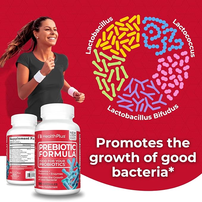 Health Plus Prebiotic Formula - Probiotics + Prebiotics + Digestive Enzymes - Gluten Free, Dairy Free, Natural Herbal Ingredients (180 Capsules, 60 Servings)