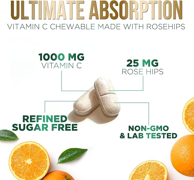 Vitamin C Chewable 1000mg - Extra Strength Antioxidants for Powerful Immune Support w/Vitamin C & Rose HIPS - Potent Dietary VIT C Chews Supplement, Natural, Vegan, Gluten-Free, Non-GMO - 60 Tablets