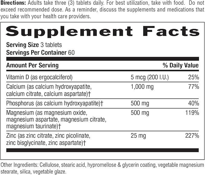 Country Life Calcium Magnesium Zinc with Vitamin D3 and L-Glutamic Acid, Dietary Supplement for Bone Support, Certified Gluten Free, 1000mg/500mg/25mg, 180 Tablets