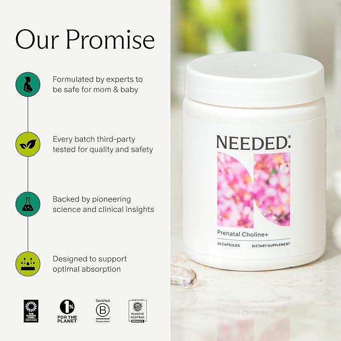 Needed. Prenatal Choline+ Liquid Capsules for Cognitive Development - Choline Supplements For Pregnancy - Aids Baby Brain Development & Supports Healthy Pregnancy - Third Party Tested - 30 Liquid Caps