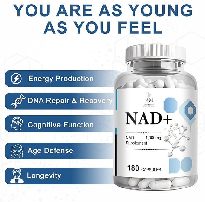 INSTAMART NAD+ Supplement 1000mg | Nicotinamide Riboside & Resveratrol | Nicotinamide NAD Supplement – 180 Veggie Capsules, Non GMO