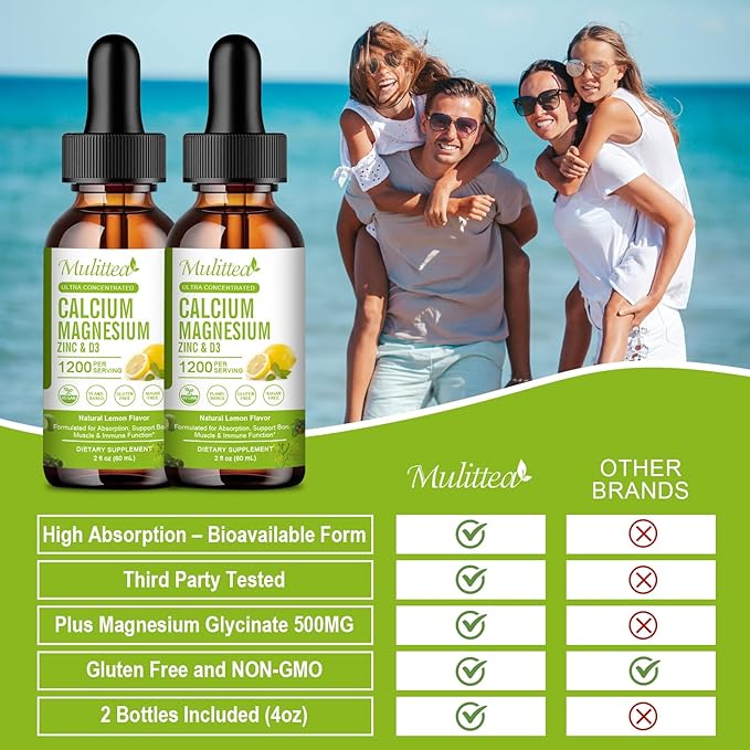 Calcium Magnesium Zinc Liquid with Vitamin D3, Magnesium Glycinate Plus Vitamin C K2| High Absorption Plant Calcium Supplement for Heart & Bone| Gluten Free,Sugar-Free | 30 Servings | Lemon Flavor