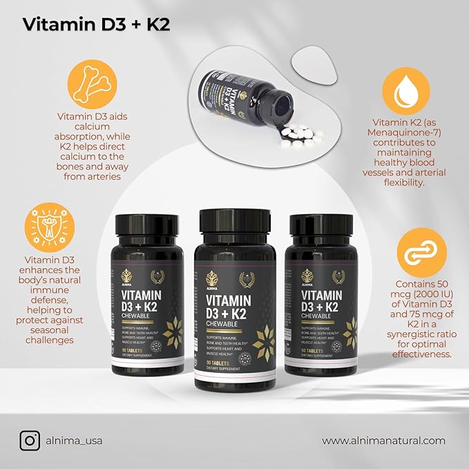 Vitamin D3 + K2 Chewable Tablets – 2000 IU D3 & 75 mcg K2 MK-7 – Halal Certified – Immune, Bone & Heart Support – Natural Cherry Flavor – 90 Tablets – Made in USA