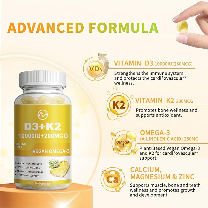 Vitamin D3 K2 Gummies, Vitamin D3 10000IU, K2 (MK-7) 200mcg, 6-in-1 Vitamina D3 Con K2 Supplement with Omega-3, Magnesium, Calcium and Zinc for Bones, Teeth & Immune Support, Sugar Free, 1 Pack