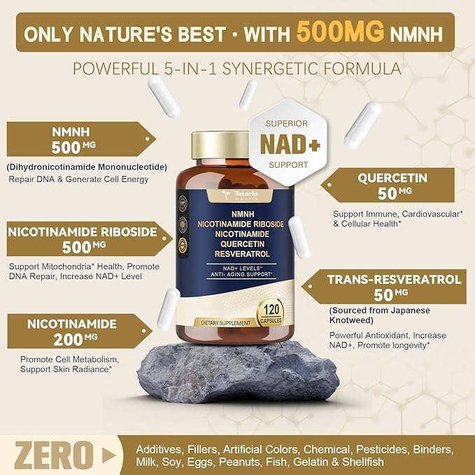 NMNH (Dihydronicotinamide Mononucleotide), NMN Alternative Supplement w/Niacinamide (Vitamin B3), Quercetin, Trans-Resveratrol, Support NAD+, Skin Cell Health*, Anti-Aging & Energy, 120 Caps
