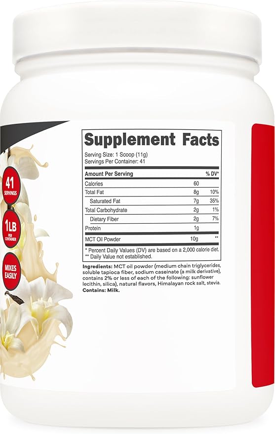 Ketologic MCT Oil Powder French Vanilla (1 LB) – Keto Coffee Creamer & Energy Support – 41 Servings of Medium Chain Triglycerides for Focus & Fuel
