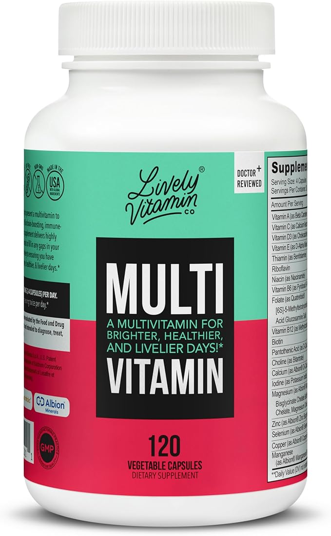 LIVELY VITAMIN CO. Multivitamin - 37 Vitamins Minerals and Extracts - Energy - Memory - Immune Function - Heart- Brain - Focus - Mood - Antioxidants - Dairy Gluten Soy Free - 120 Vegetarian Capsules
