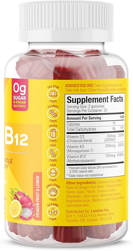 Vegan D3 + K2 + B12 Sugar-Free & Sugar-Alcohol-Free Keto 2000IU Vitamin D Gummy Supplement for Healthy Bones, Immune Function, Healthy Metabolism, Lemon Dragon Fruit Flavor (50 Gummies)
