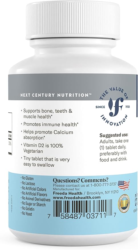FREEDA Vitamin D2 2000 IU – Vegan Vitamin D for Bone Strength & Immune Support – Vegan Ergocalciferol D2 Supplement – 100 Tiny Tablets