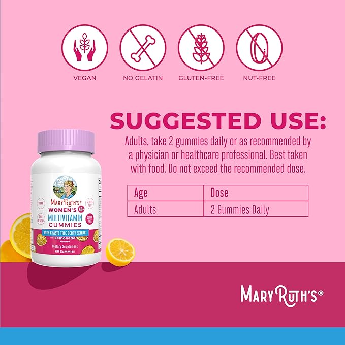 MaryRuth Organics, Sugar Free, Vegan Vitamin Gummy, Immune Support Daily Multivitamin + Chasteberry, Hair, Skin and Nail for Women, 60 Count, Pack of 1