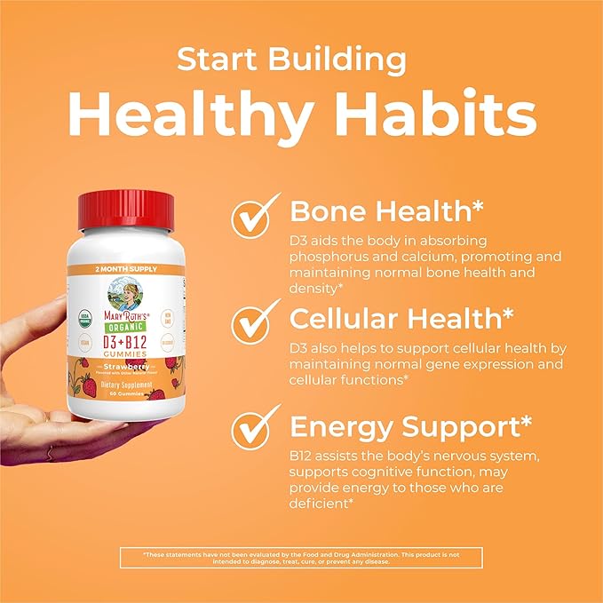 MaryRuth Organics's Vitamin D3 B12 Gummies | USDA Organic | 2 Month Supply | Vitamin D & B12 Vitamin Supplements for Adults & Kids | Bone Health | Healthy Energy Levels | Non-GMO | 60 Servings