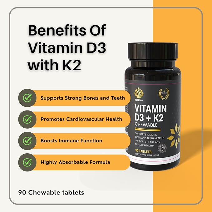Vitamin D3 + K2 Chewable Tablets – 2000 IU D3 & 75 mcg K2 MK-7 – Halal Certified – Immune, Bone & Heart Support – Natural Cherry Flavor – 90 Tablets – Made in USA