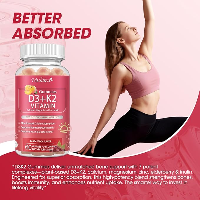 Vitamin D3 10000 IU + K2 (MK-7) 200mcg w/Calcium Magnesium Zinc Elderberry & Inulin-Highly Bioavailable-Enhanced Absorption for Immune & Bone Support- K2 D3 Vitamin Supplement-Vegan Gummies