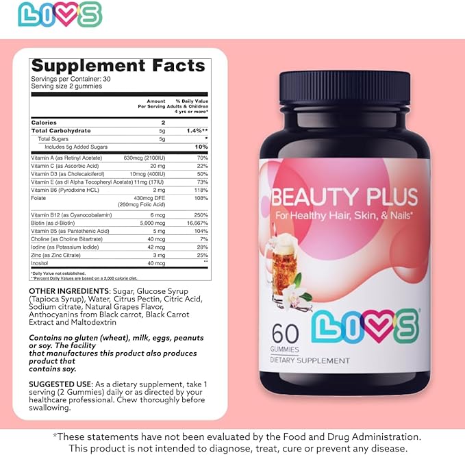 Beauty Plus Gummy Vitamins - Biotin Gummies for Hair, Skin and Nails | Natural, Gluten-Free, Non-GMO Beauty Supplement with Vitamins A, C, E, B12, D3, Zinc & More - Cream Soda Flavor - 60 Ct