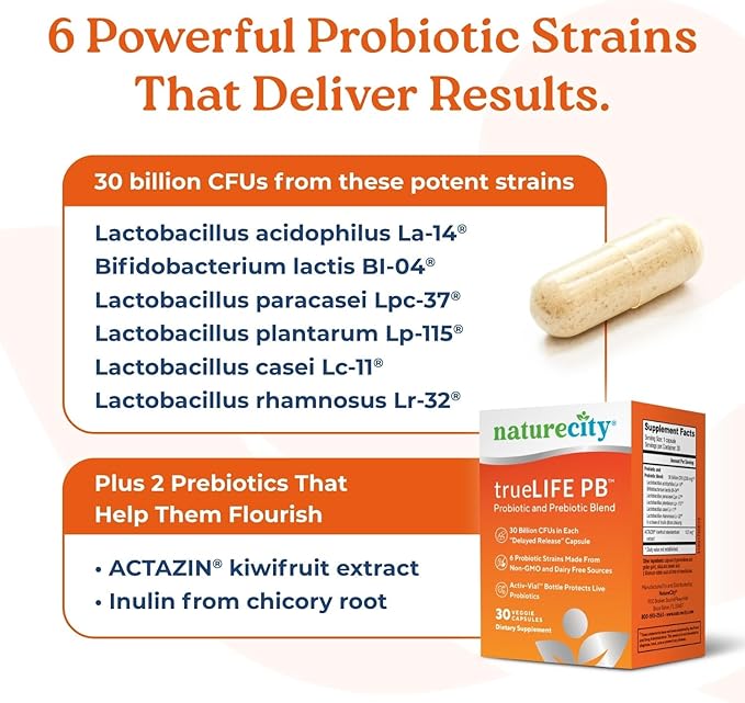 NatureCity True-Life-PB Shelf Stable Blend Prebiotics and Probiotics for Women and Men - Digestive Gut Health Supplements for Women and Men - Dairy Free - (60 Veggie Capsules)