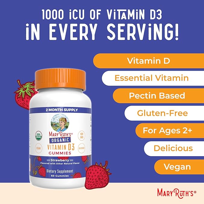 MaryRuth Organics Organic Vitamin D3 Gummies | 1000 IU | USDA Organic | Immune Support| Bone Health | Muscle Function | for Adults & Kids Ages 2+ | Vegan | Gluten Free | 2 Month Supply | 60 Count