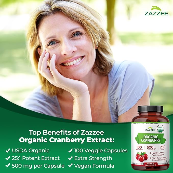 Zazzee USDA Organic Cranberry 25:1 Extract, 12,500 mg Strength, 100 Vegan Capsules, Over 3 Month Supply, Standardized, Concentrated 25X Extract, 100% Vegetarian, Certified Organic, Non-GMO All-Natural