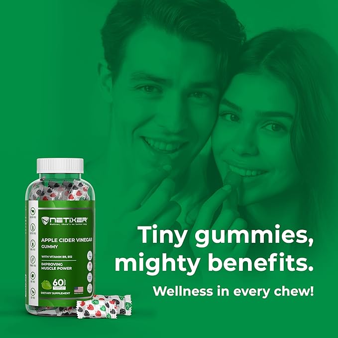 Apple Cider Vinegar Gummies with Vitamin B9 & B12 β 60 Vegan Gummies β Muscle Power Support, Digestive Health, Immunity Boost β Gelatin-Free, Gluten-Free, Soy-Free β Green Apple Flavor