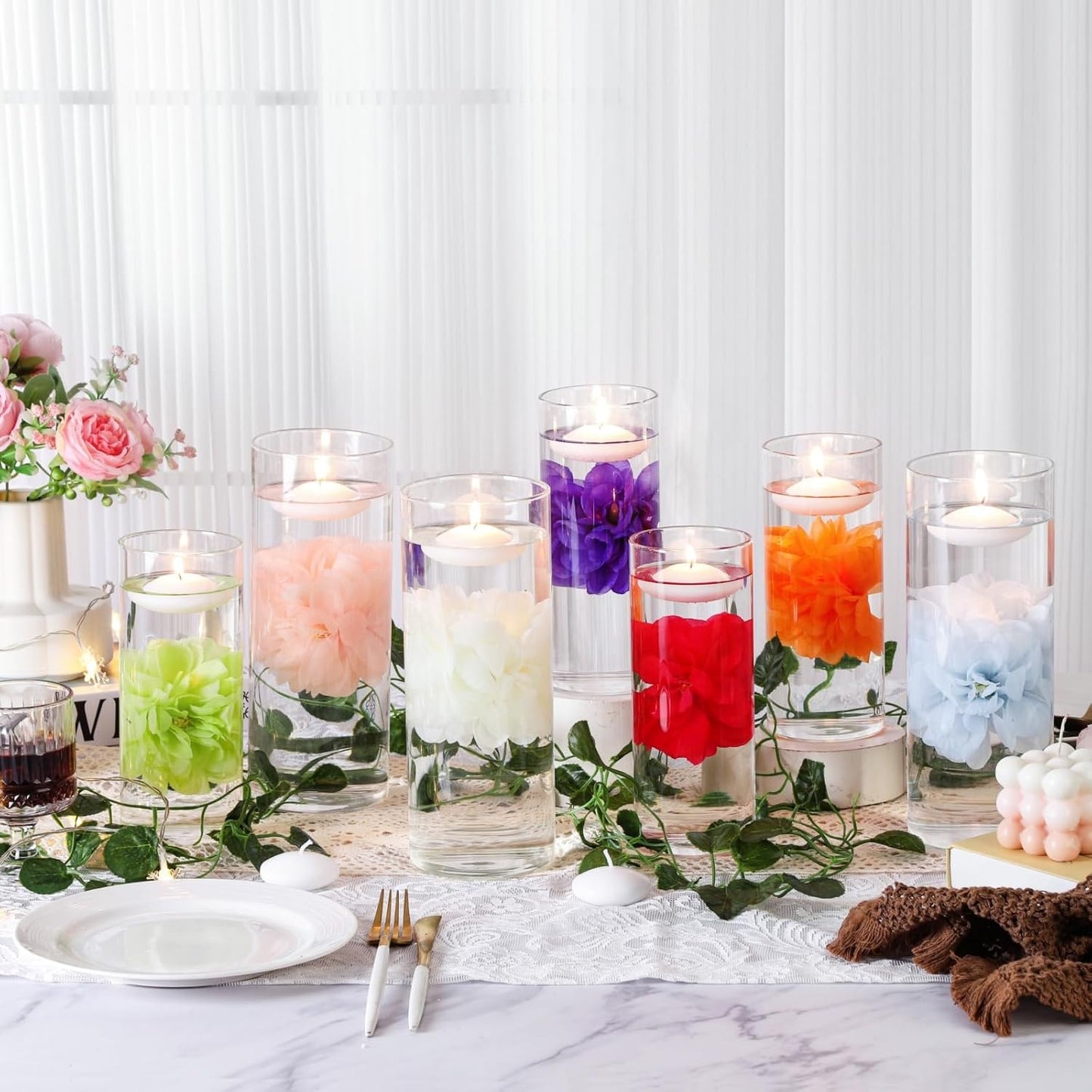 24 Pcs Floating Candles for Centerpieces and Floating Flowers Vase Fillers for Centerpieces White Artificial Flowers for Wedding Table Party Home Decoration