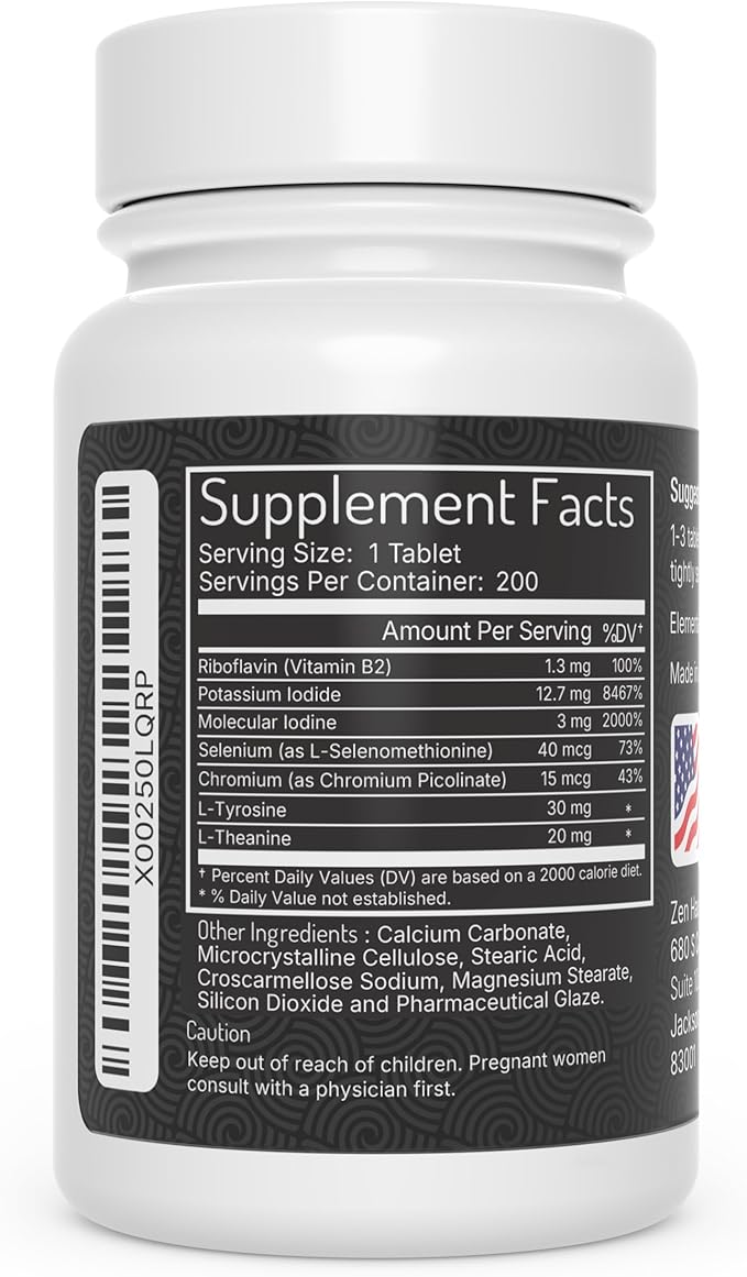 Zen Haus 12.5 mg with Selenium (as Selenomethionine) and More - 200 Tablets - Thyroid Plus Immune Support - High Potency Iodine Tablets - Compare to Lugol's Iodine Pills