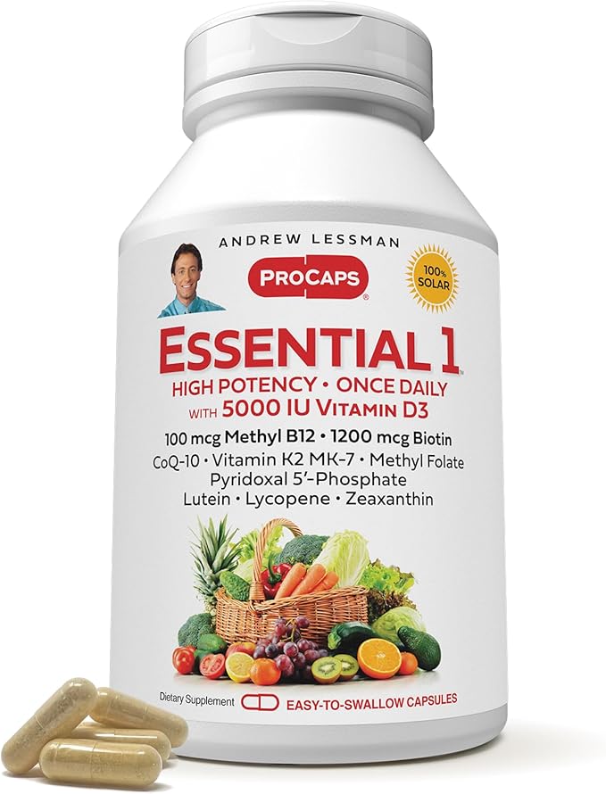 ANDREW LESSMAN Essential-1 Multivitamin 5000 IU Vitamin D3 180 Small Capsules - 100 mcg Methyl B12. CoQ10 Lutein Lycopene Zeaxanthin. High Potency. No Additives. Ultra-Mild. One Daily Capsule
