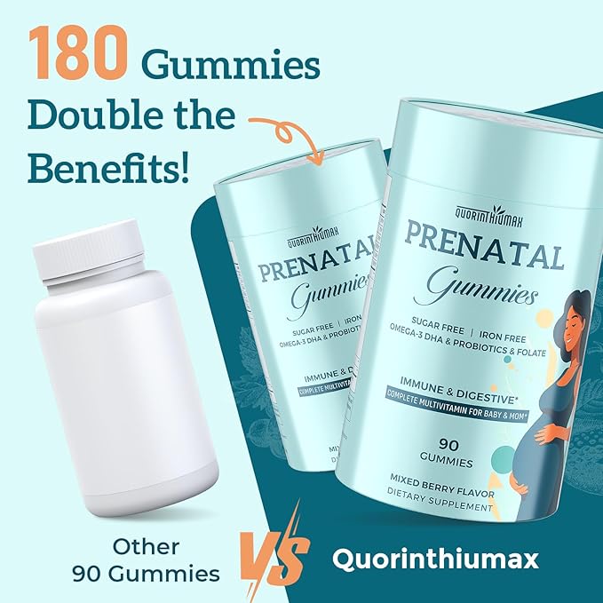 Prenatal Gummies Sugar Free 180 Count - Organics Prenatal Vitamins for Women with Folate, DHA & Probiotics - Iron Free Prenatal Vitamin Gummies for Immune & Digestive - 2 Bottles