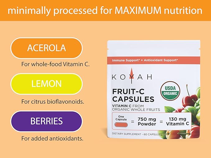 KOYAH Fruit-C - Organic Vitamin C Capsules - from Acerola Cherries, 100% Whole Fruits, 130 mg Vitamin C, Freeze-Dried, No Extracts - Whole-Food, Vegan, Non-GMO, 3rd Party Tested, 60 Capsules
