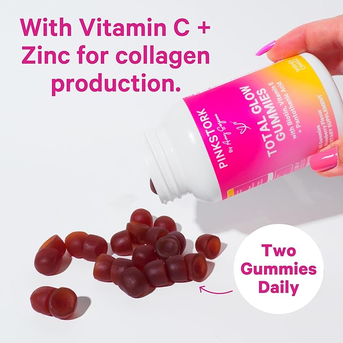 Pink Stork Total Glow Gummies for Women – Hair, Skin & Nails Vitamin with Biotin, Vitamin A, B6, B12, Folate, Zinc & More – Support for Radiant Skin, Strong Nails, and Healthy Hair – 60 Berry Gummies