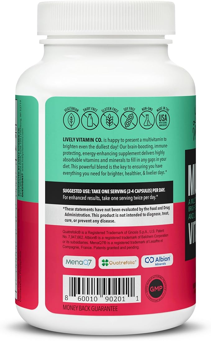 LIVELY VITAMIN CO. Multivitamin - 37 Vitamins Minerals and Extracts - Energy - Memory - Immune Function - Heart- Brain - Focus - Mood - Antioxidants - Dairy Gluten Soy Free - 120 Vegetarian Capsules