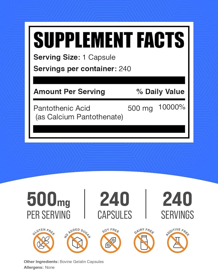 BulkSupplements.com Vitamin B5 Capsules - as Pantothenic Acid, B Vitamin Supplement, Pantothenic Acid 500 mg - Gluten Free, 1 Capsule per Serving, 240 Capsules (Pack of 1)