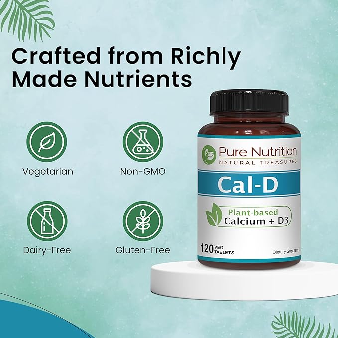 Pure Nutrition Cal D - Plant Based Calcium with VIT D3 K2 & Magnesium | 120 Tabs | 500mg Vegan Calcium per Serving | Algae Calcium Supplement for Bone Health