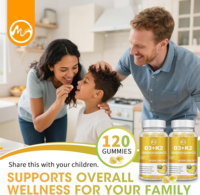Vitamin D3 K2 Gummies, Vitamin D3 10000IU, K2 (MK-7) 200mcg, 6-in-1 Vitamina D3 Con K2 Supplement with Omega-3, Magnesium, Calcium and Zinc for Bones, Teeth & Immune Support, Sugar Free, 2 Packs