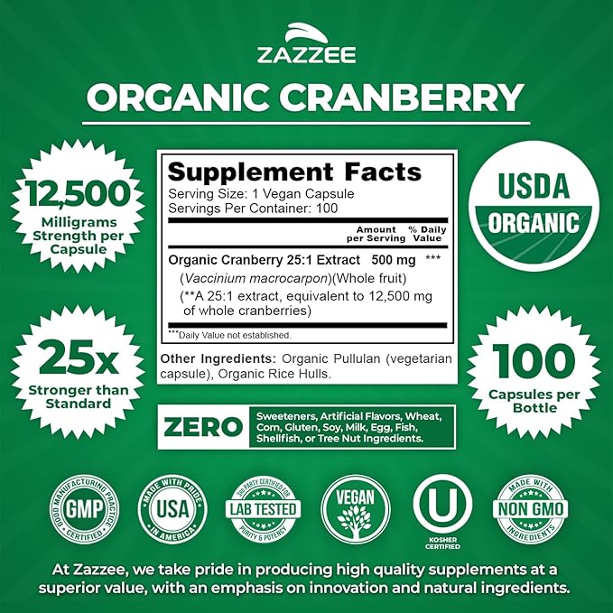 Zazzee USDA Organic Cranberry 25:1 Extract, 12,500 mg Strength, 100 Vegan Capsules, Over 3 Month Supply, Standardized, Concentrated 25X Extract, 100% Vegetarian, Certified Organic, Non-GMO All-Natural