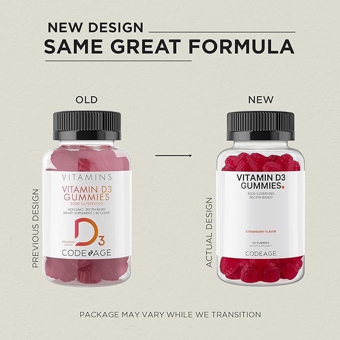 Codeage Vitamin D3 Gummy Vitamins, Vitamin D3 5000 IU Gummies Cholecalciferol 125 mcg, Soft Pectin-Based, Animal Gelatin-Free Gummy, Gummies Vitamins, Tasty Strawberry, Non-GMO - 2-Pack
